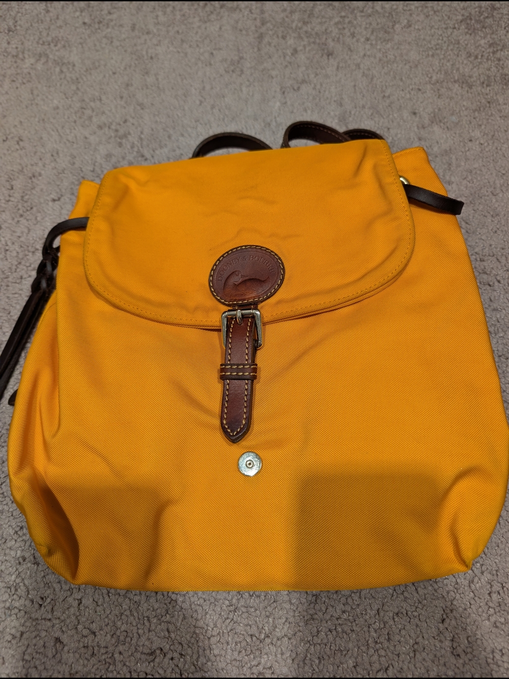 Dooney & Bourke Yellow Canvas Backpack with Brown Leather Trim